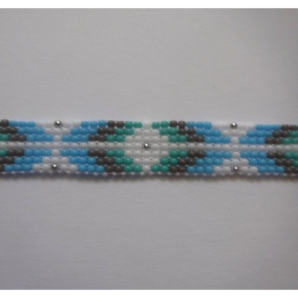 Beaded Hat Band White, Teals, Gray & Silver w/ Leather - Picture 3 of 5